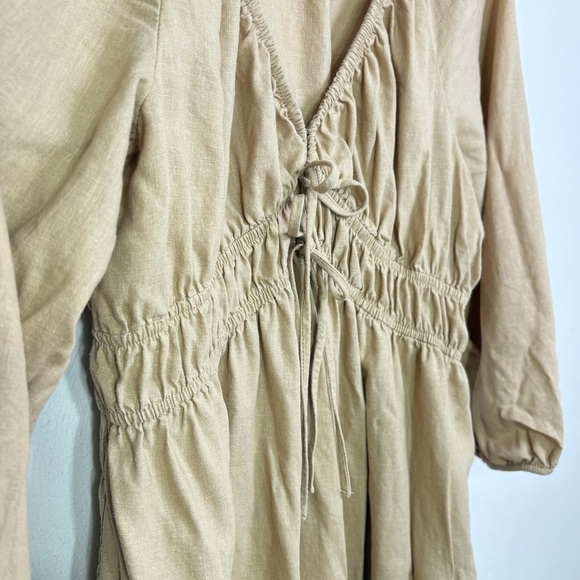 Target Universal Thread Linen Prairie Milkmaid Peasant Midi V Neck Dress Wheat S - Picture 10 of 15